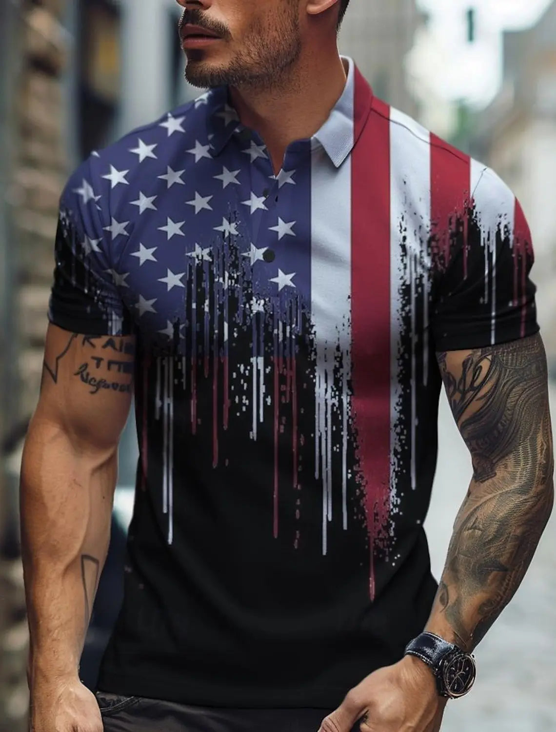 Flag American US Flag Men'S Casual 3D Print Golf Polo Polyester Short Sleeve Turndown Polo Shirts Micro-Elastic Lapel Polo Shirt